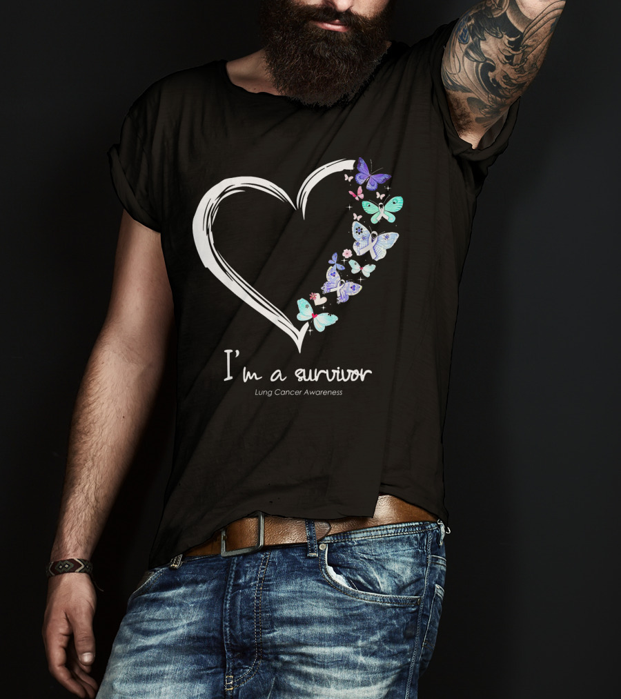 I'm A Survivor Lung Cancer Awareness Heart With Butterflies T-Shirt