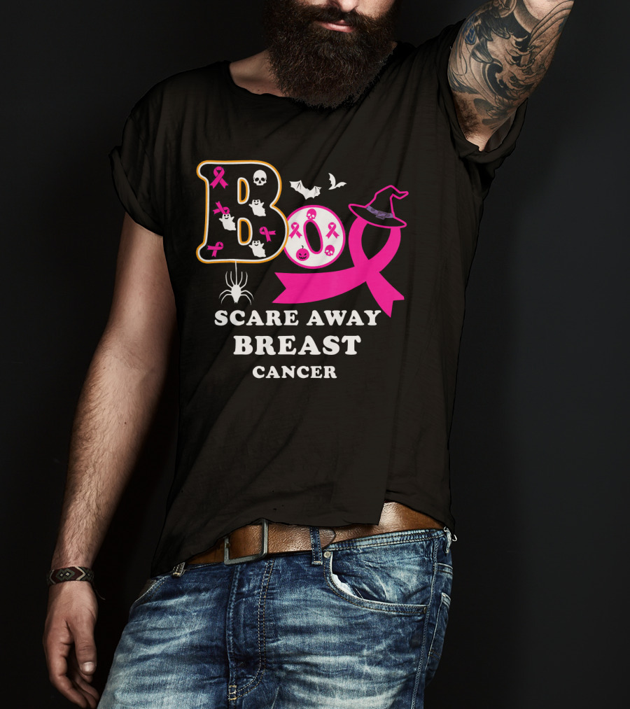 Halloween Boo With Pink Ribbon Scare Away Breast Cancer T-Shirt