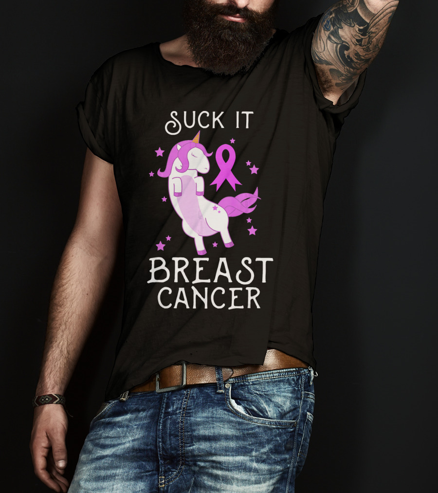 Suck It Breast Cancer Unicorn Awareness Ribbon Stars T-Shirt