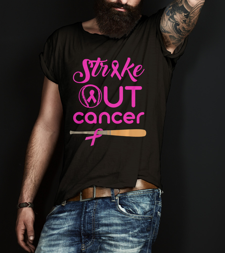 Strike Out Cancer Pink Ribbon Baseball Bat T-Shirt