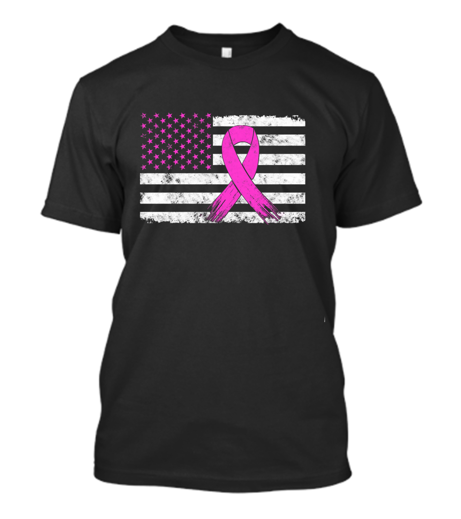 Distressed Pink Ribbon Breast Cancer Awareness American Flag T-Shirt