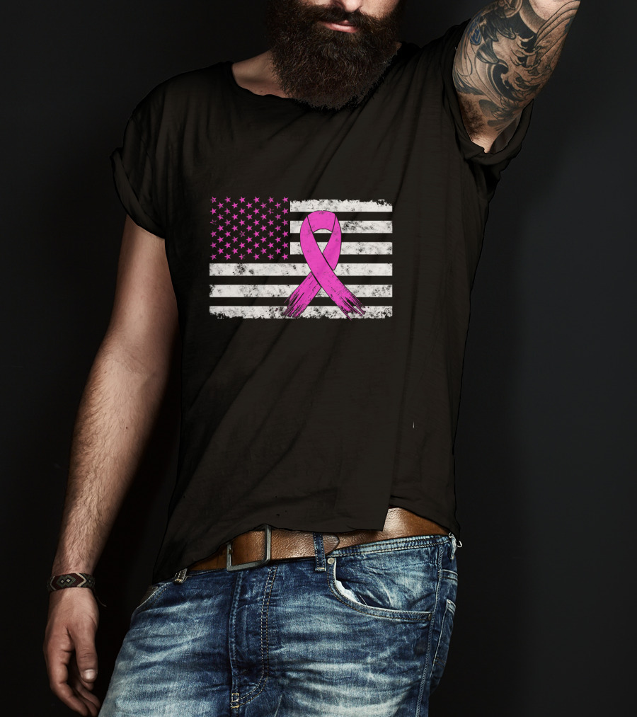 Distressed Pink Ribbon Breast Cancer Awareness American Flag T-Shirt