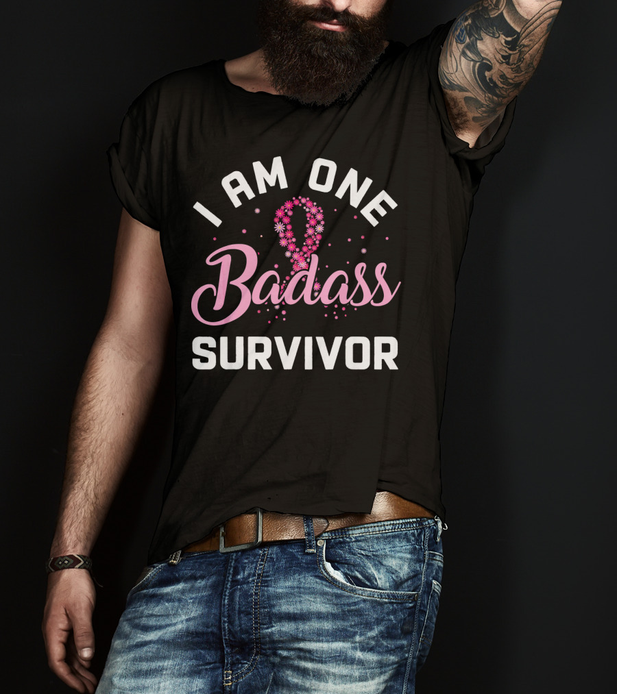 I Am One Badass Survivor Breast Cancer Ribbon Floral T-Shirt