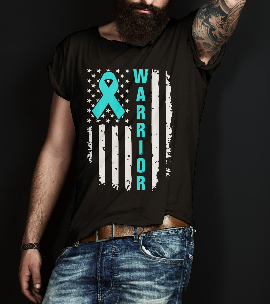 Warrior Teal Ribbon American Flag Ovarian Cancer T-Shirt