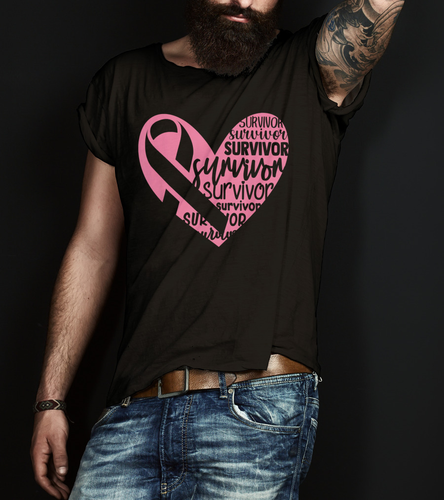 Survivor Pink Ribbon Heart Breast Cancer Pin T-Shirt