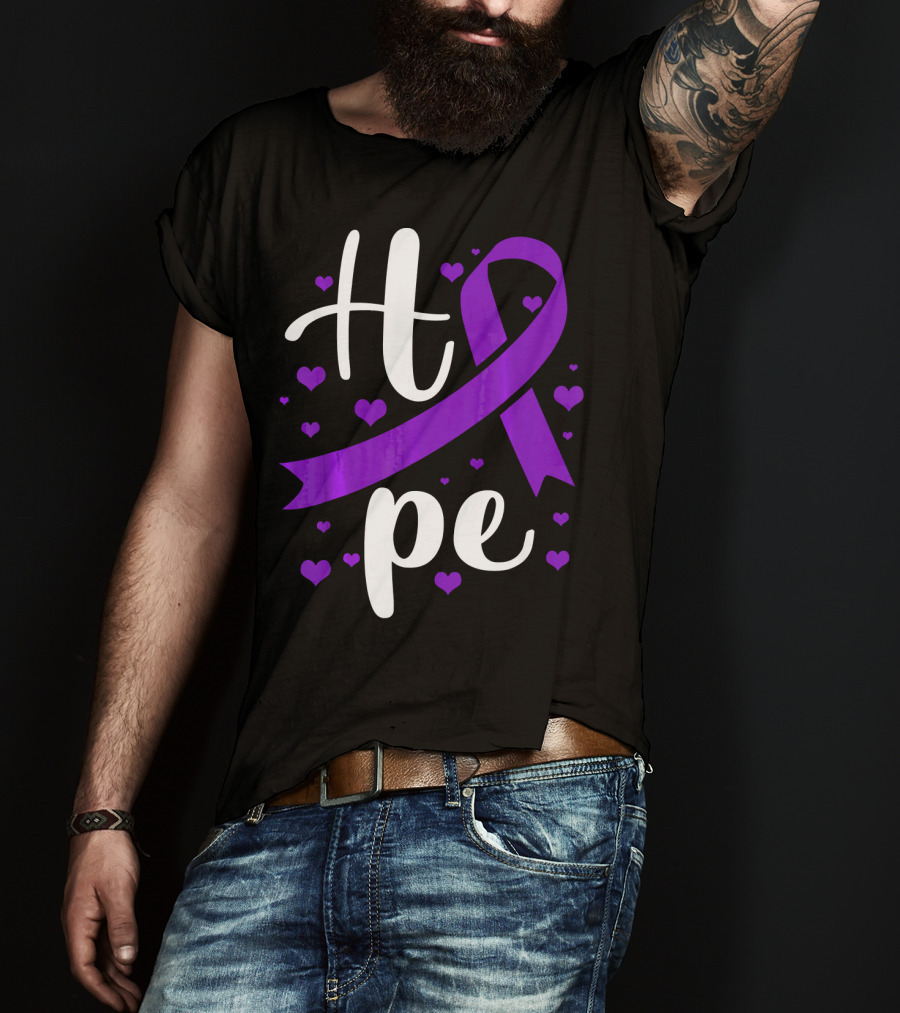 Hope Pancreatic Cancer Awareness Women Purple Ribbon Hearts T-Shirt
