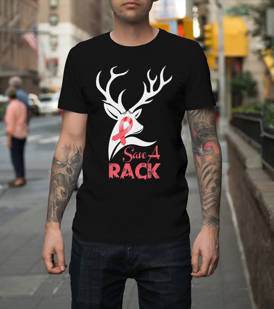 Save A Rack Breast Cancer Awareness Pink Ribbon Deer Antlers T-Shirt