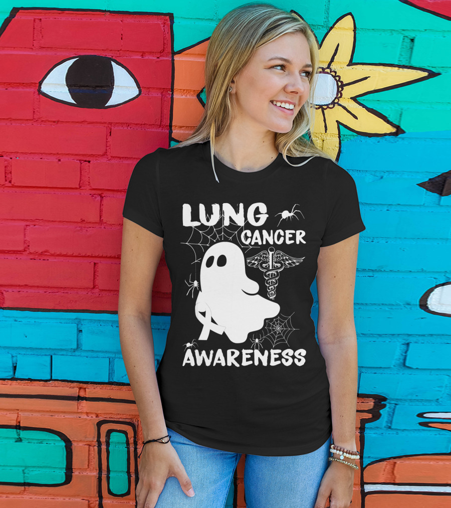 Lung Cancer Awareness Boo Ghost With Spider Webs And Spider T-Shirt