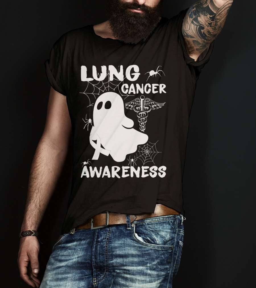 Lung Cancer Awareness Boo Ghost With Spider Webs And Spider T-Shirt
