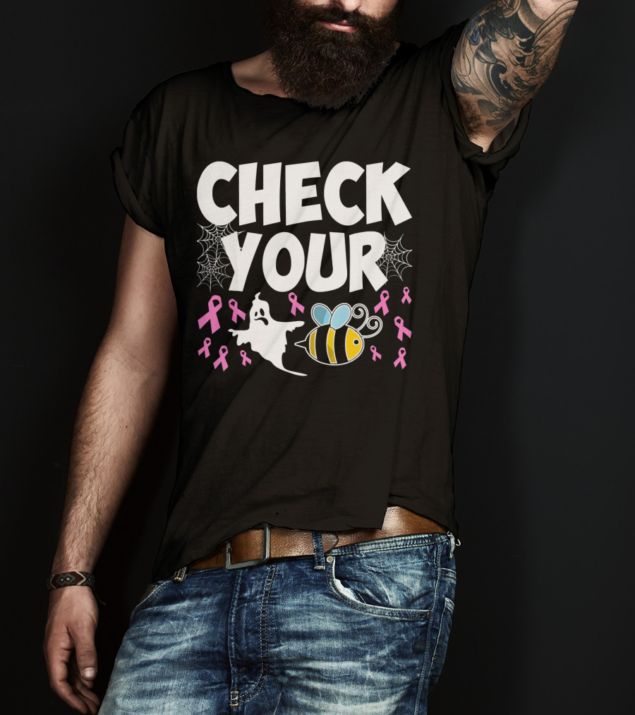 CHECK YOUR BOO BEES Breast Cancer Awareness Halloween Ghost And Bee With Ribbons T-Shirt