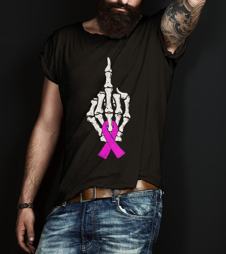 Breast Cancer Skeleton Middle Finger Pink Ribbon Awareness T-Shirt
