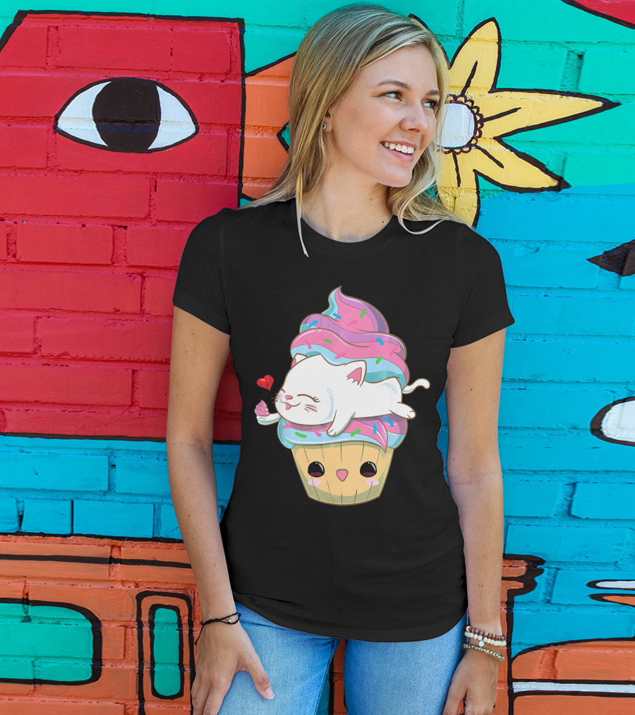 Cute Kawaii Cat On Pastel Sprinkles Cupcake With Heart Balloon T-Shirt