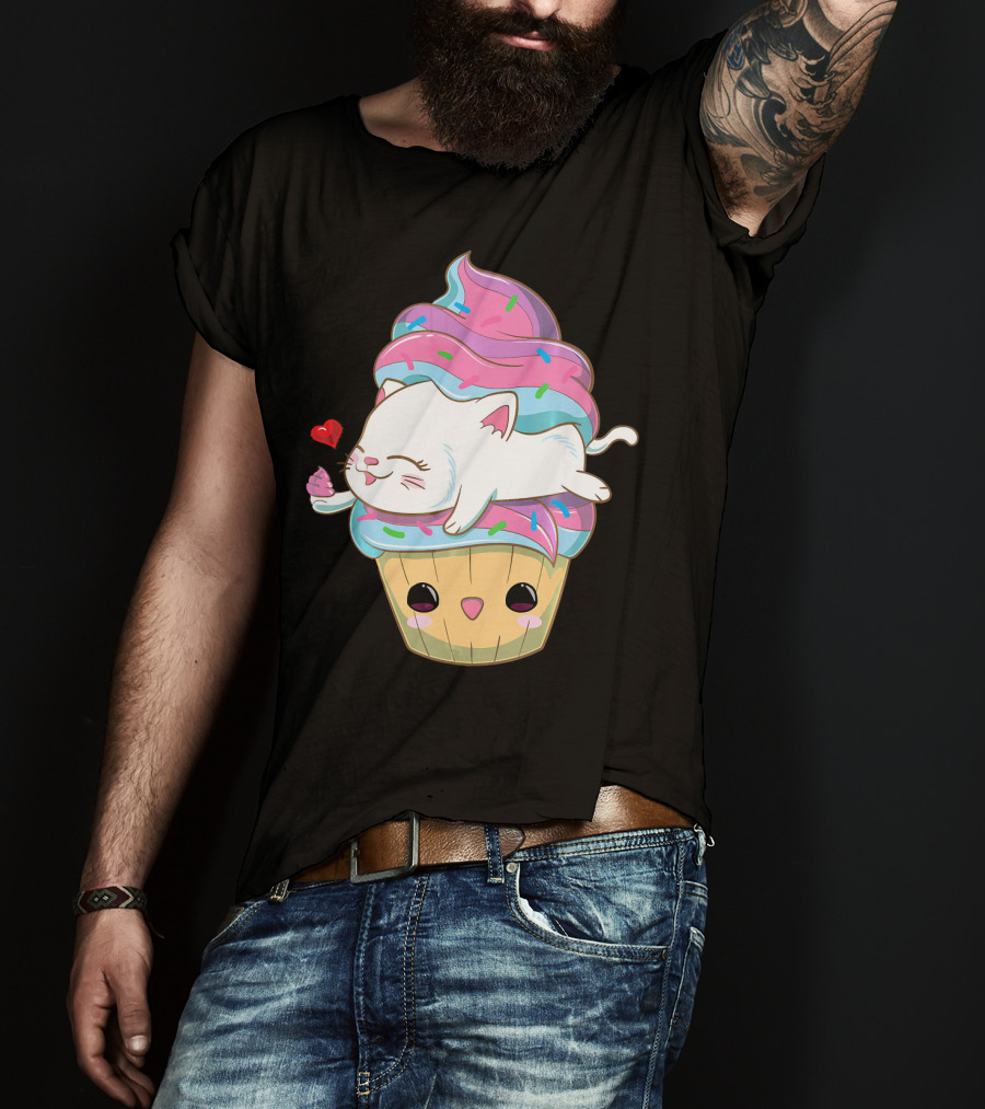 Cute Kawaii Cat On Pastel Sprinkles Cupcake With Heart Balloon T-Shirt