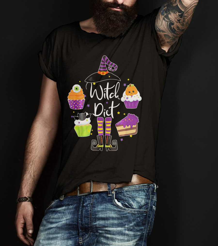 Witch Diet Funny Halloween Pumpkin Cupcake Treats With Witch Hat And Boots T-Shirt