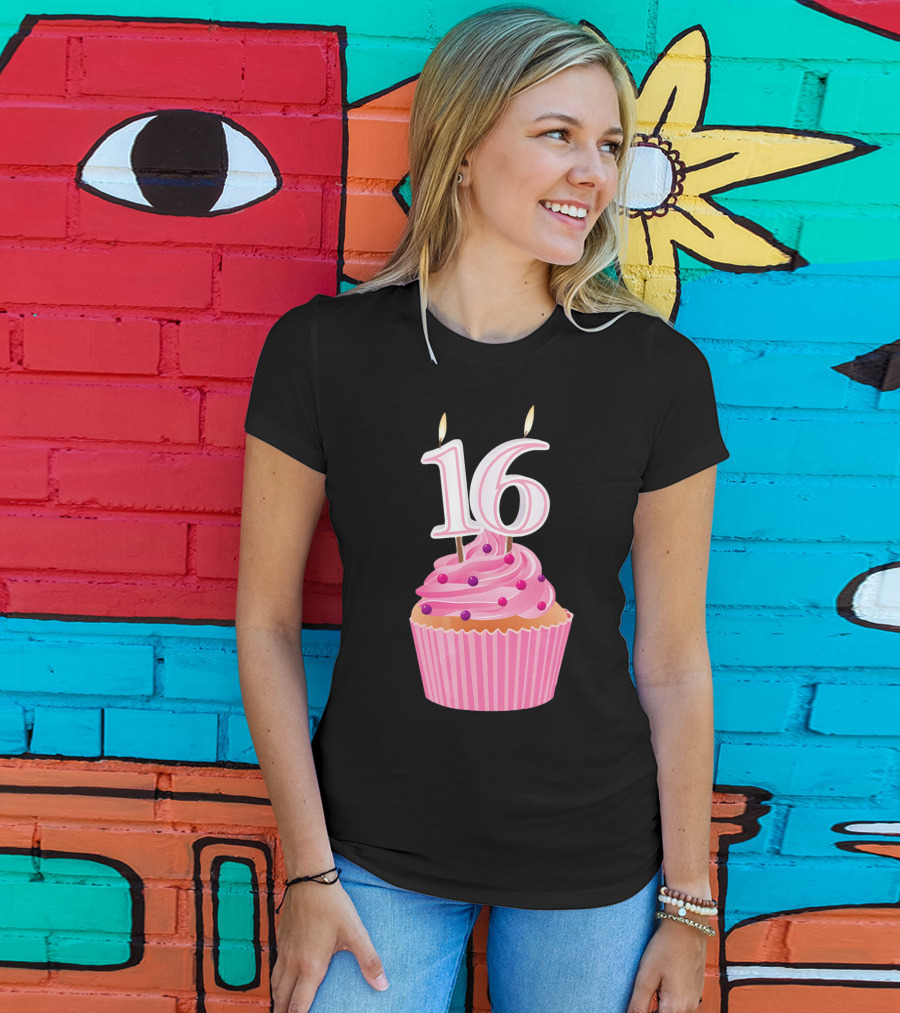 Sweet 16 Birthday Pink Cupcake With Number Candle T-Shirt