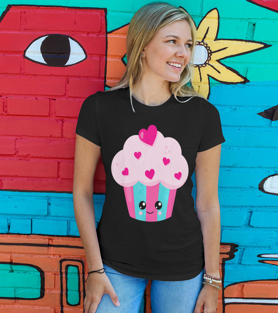 Kawaii Pink Hearts Cupcake With Cute Happy Face T-Shirt