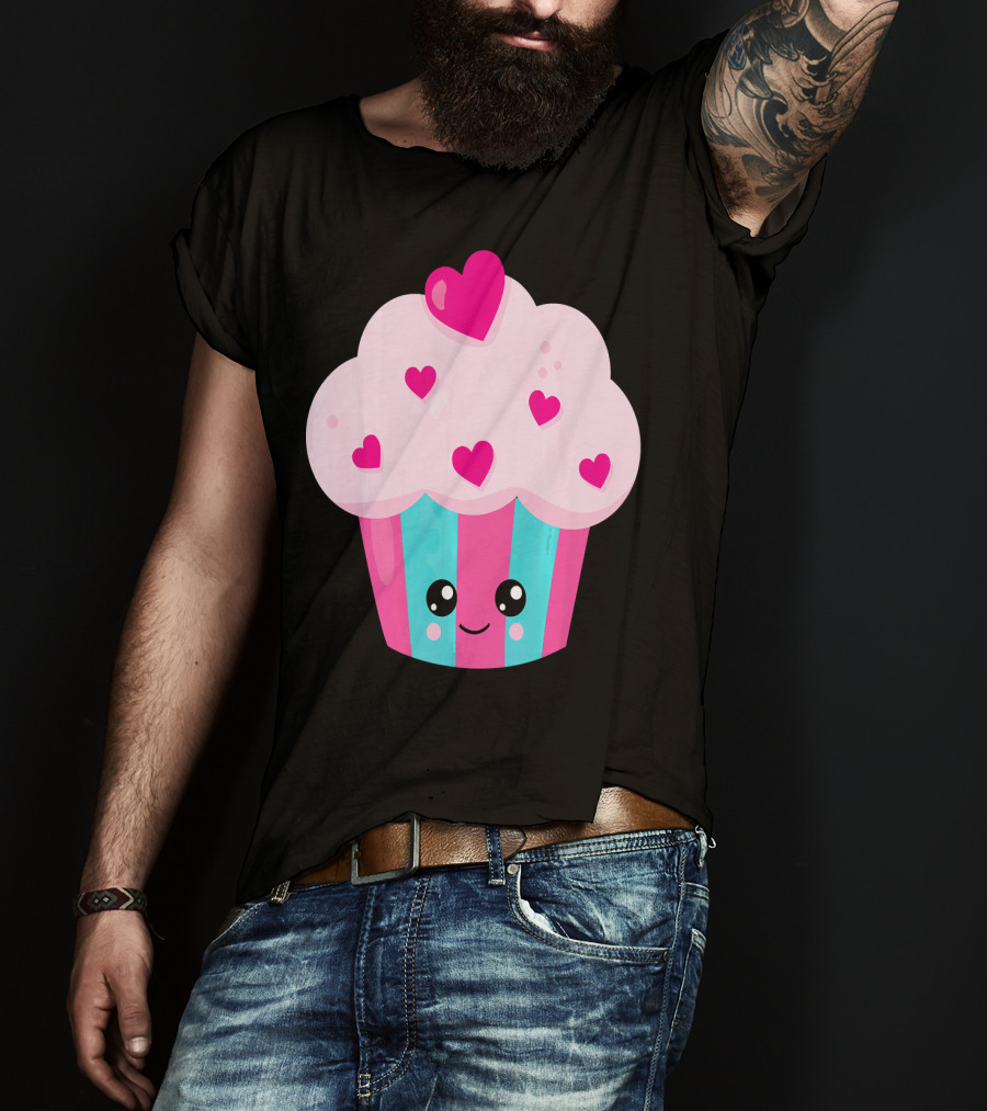 Kawaii Pink Hearts Cupcake With Cute Happy Face T-Shirt