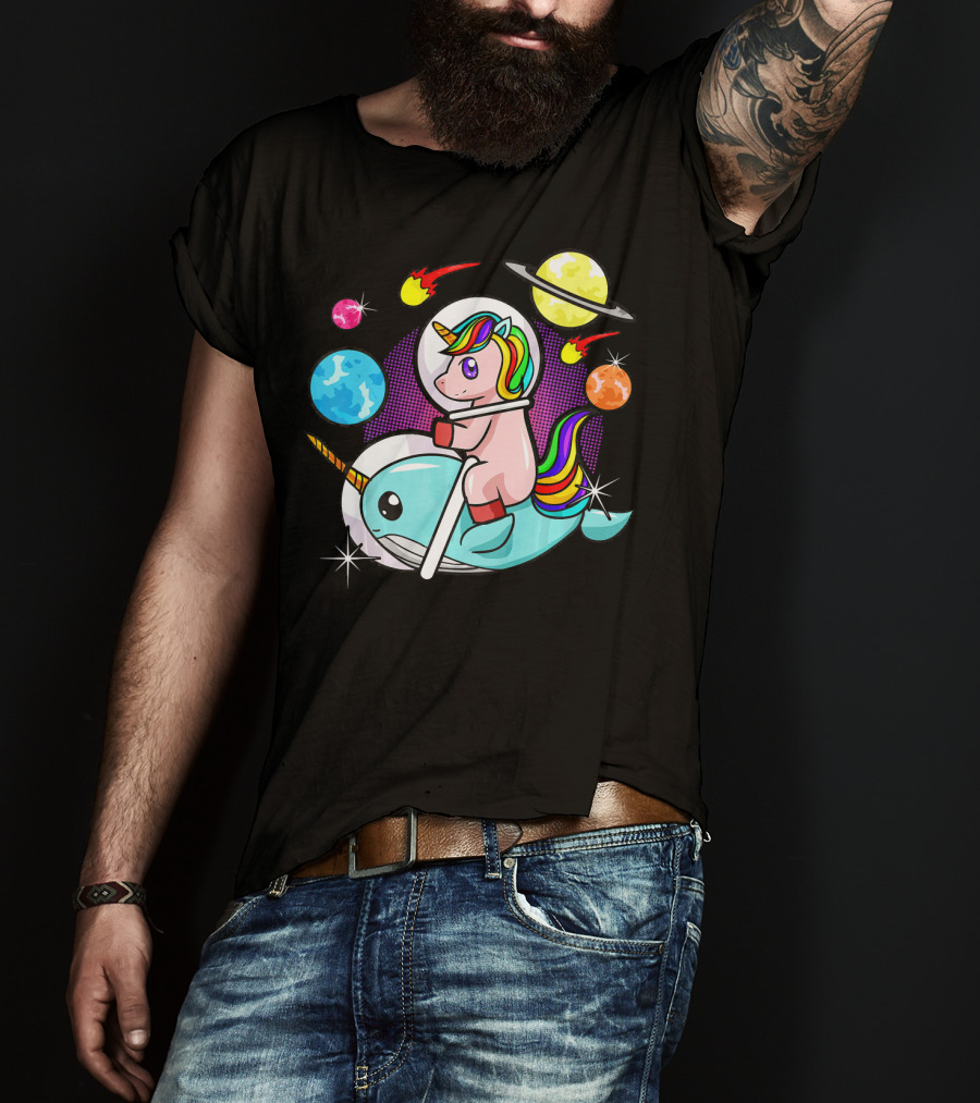 Unicorn Riding Narwhal Space Adventure With Planets And Astronaut Helmet T-Shirt