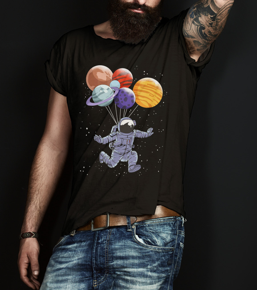 Astronaut Floating With Planet Balloons In Space Boys T-Shirt