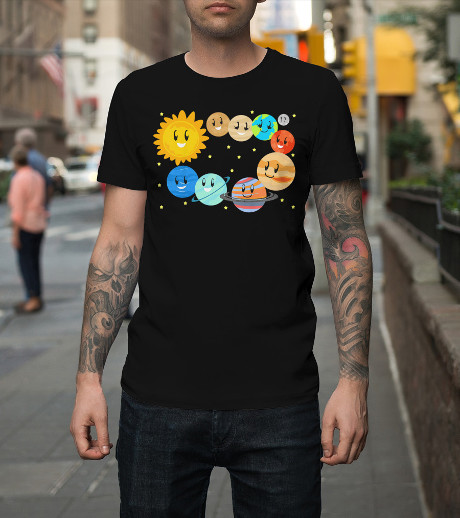 Kids Solar System Science Planets Learning Smiling Sun And Stars T-Shirt