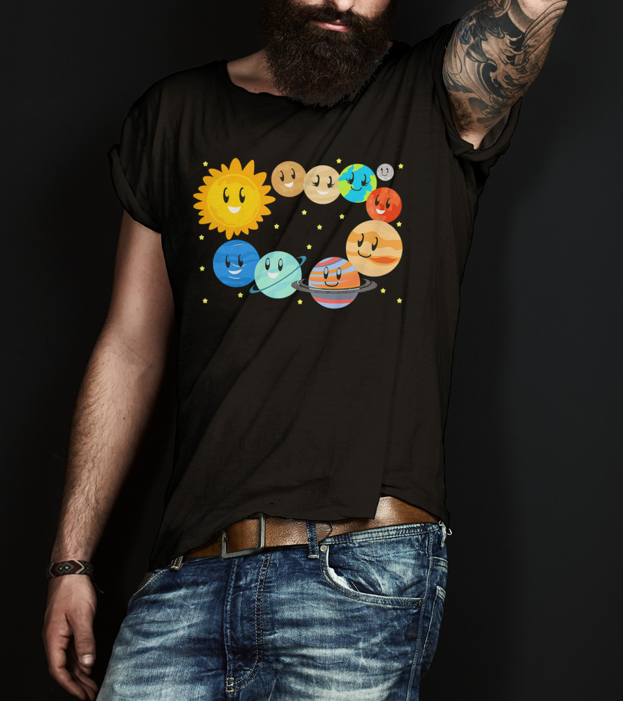 Kids Solar System Science Planets Learning Smiling Sun And Stars T-Shirt