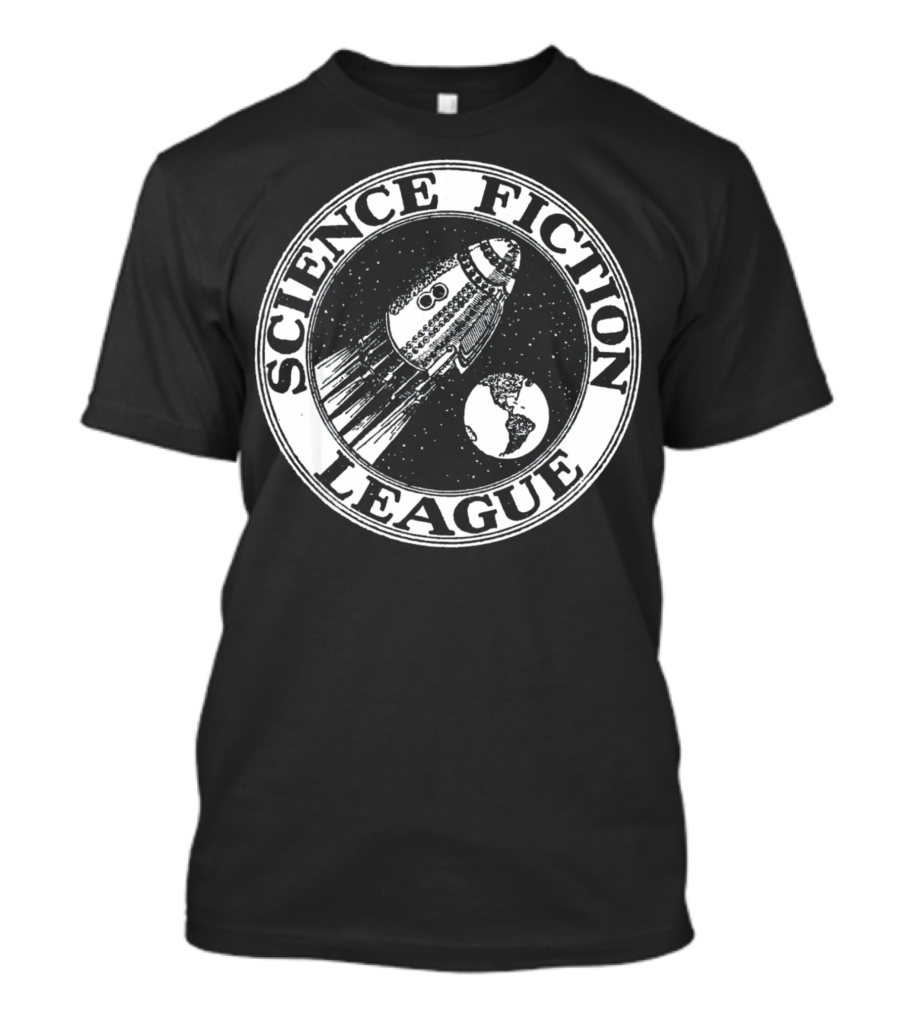 Science Fiction League 1930s Rocket And Earth Emblem T-Shirt