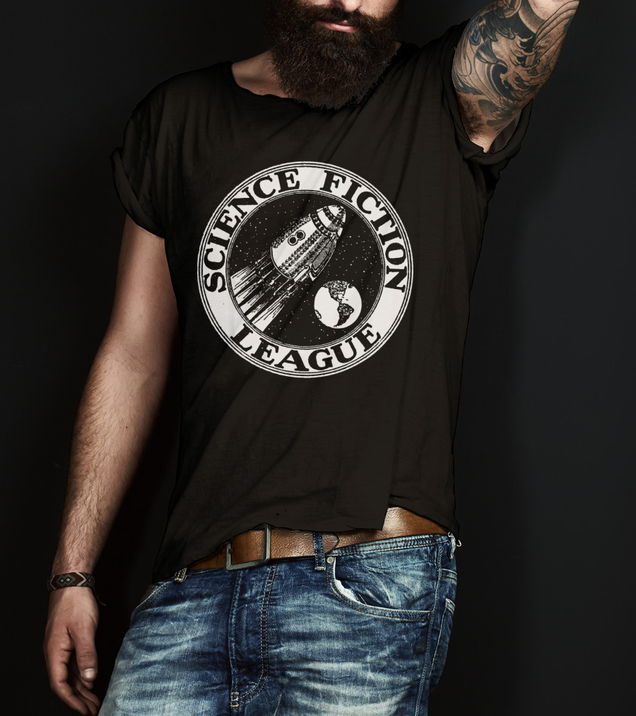 Science Fiction League 1930s Rocket And Earth Emblem T-Shirt