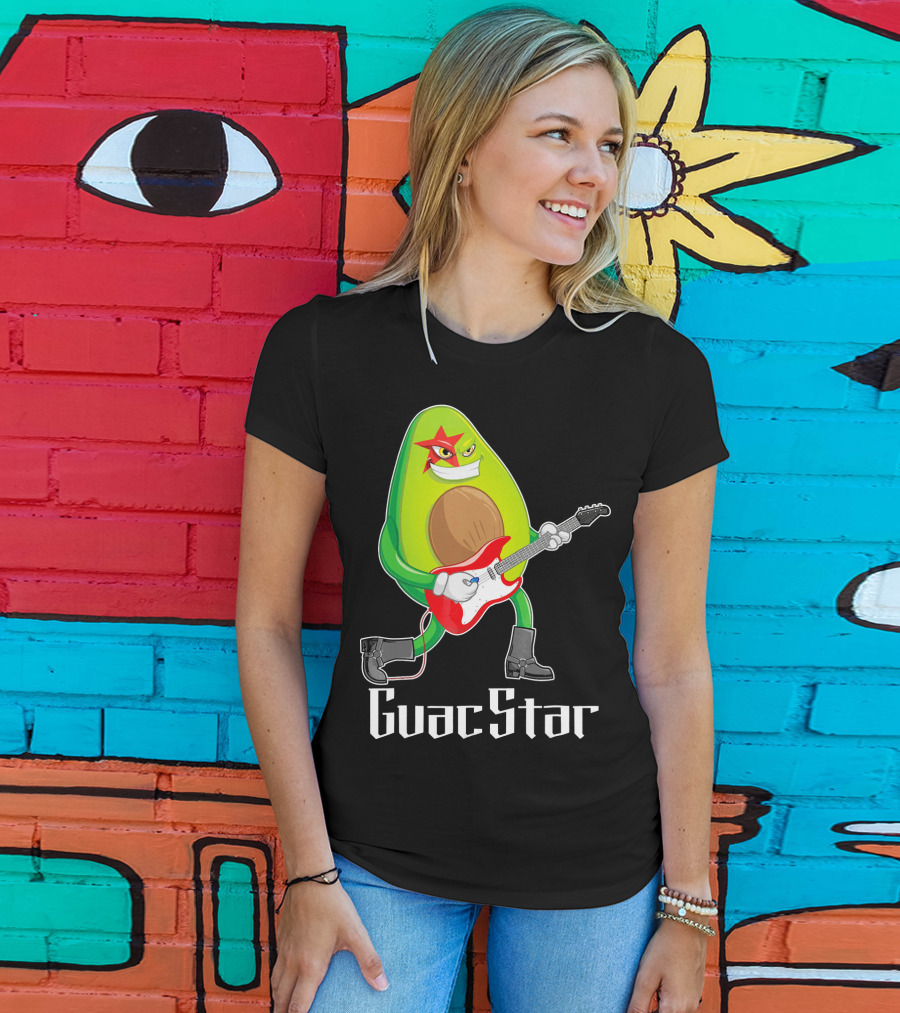Guac Star Avocado Rock Star Playing Guitar With Red Boots T-Shirt