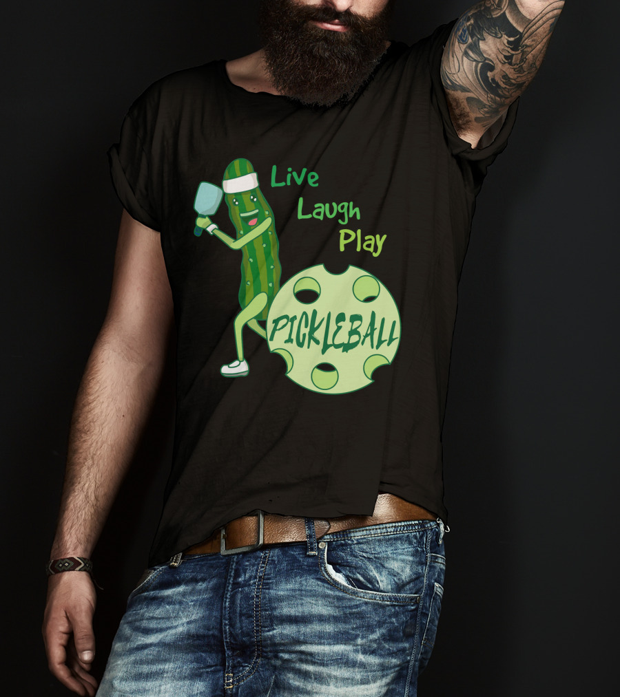 Live Laugh Play Pickleball Funny Sports Pickle Character Paddle T-Shirt