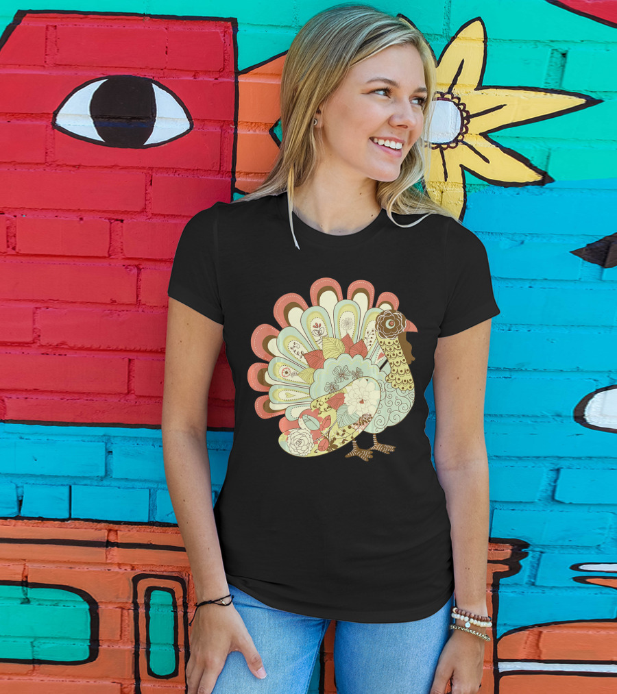 Retro Thanksgiving Turkey Vintage Floral T-Shirt