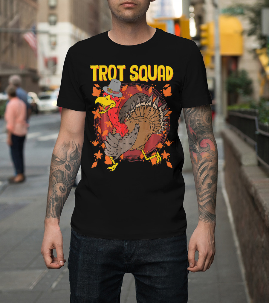 Trot Squad Thanksgiving Turkey with Pilgrim Hat and Autumn Leaves T-Shirt