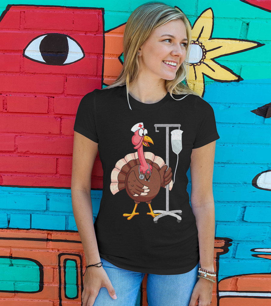 Proud Nurse Turkey Funny Nurse With Stethoscope And IV Stand T-Shirt