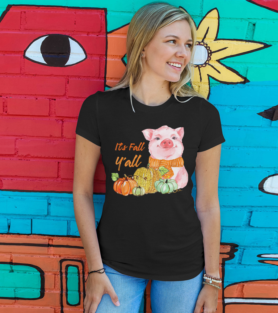 Its Fall Y'all Cute Pig With Leopard Pumpkin Scarf T-Shirt