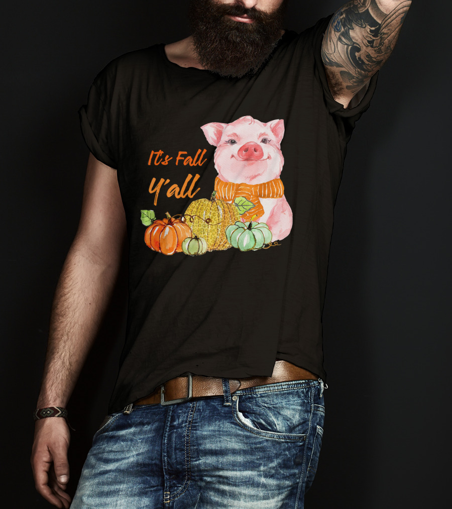 Its Fall Y'all Cute Pig With Leopard Pumpkin Scarf T-Shirt