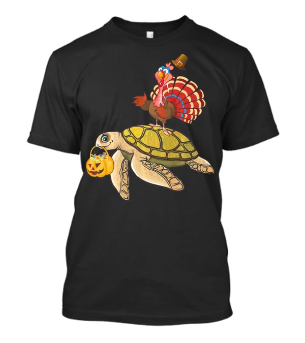 Turkey Riding Turtle Pumpkin Funny Sea Thanksgiving Halloween Fusion T-Shirt