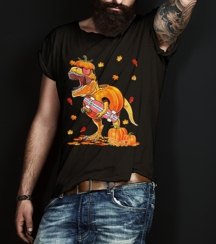 Dinosaur Pumpkin Skateboard Autumn Leaves Hall T-Shirt