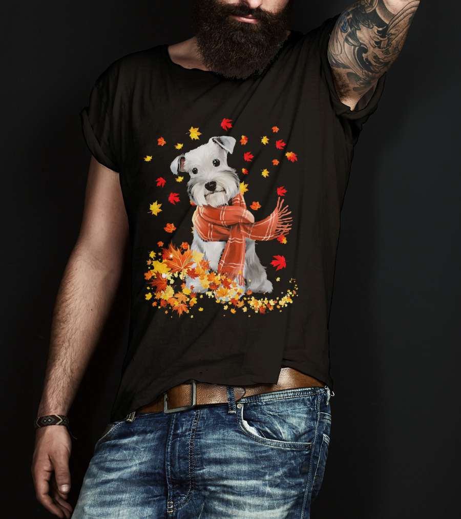 Cute Schnauzer Dog Autumn Leaves And Cozy Scarf T-Shirt