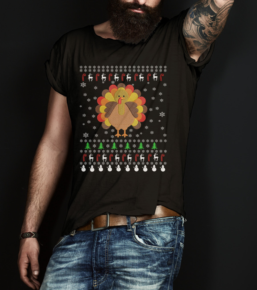 Thanksgiving Turkey With Snowflakes Reindeer Trees And Candy Canes T-Shirt