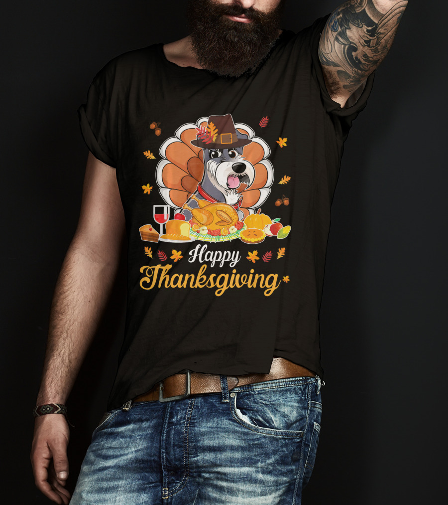 Happy Thanksgiving Schnauzer Pilgrim Turkey Feast Wine T-Shirt