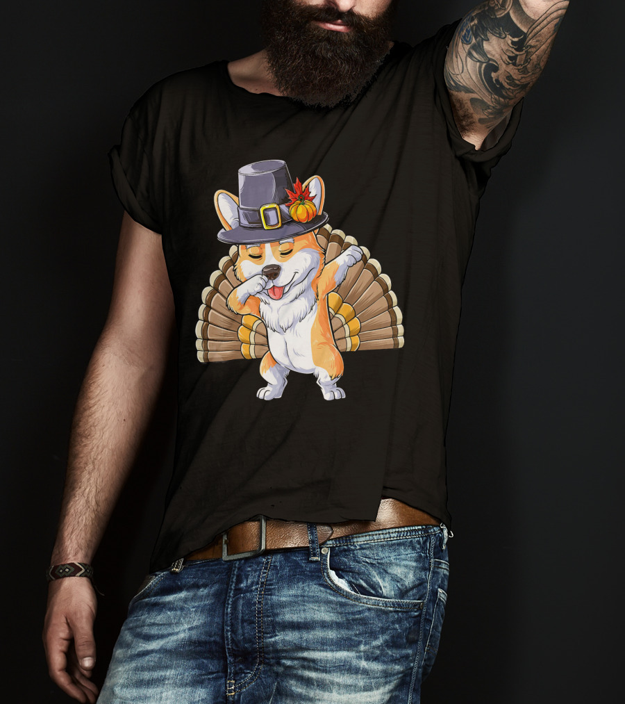 Thanksgiving Dabbing Corgi Pilgrim Hat Turkey Tail T-Shirt