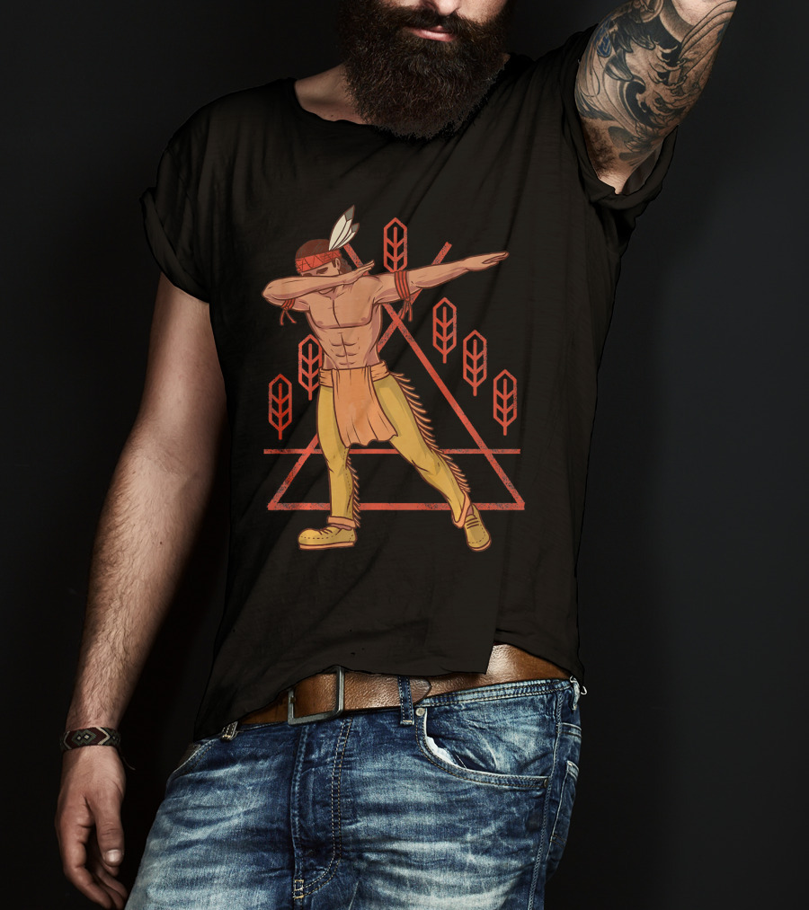 Thanksgiving Dabbing Native American Geometric Feather Motif T-Shirt