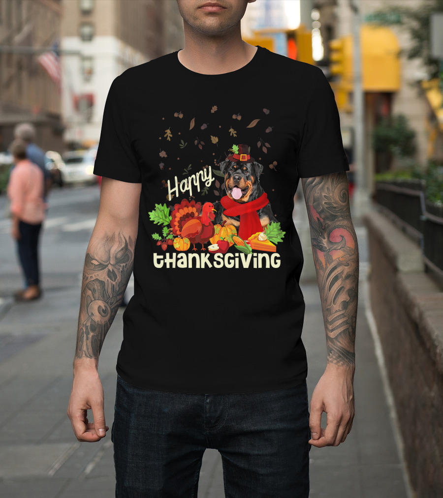 Happy Thanksgiving Pilgrim Rottweiler Turkey Feast With Autumn Leaves And Fruit T-Shirt