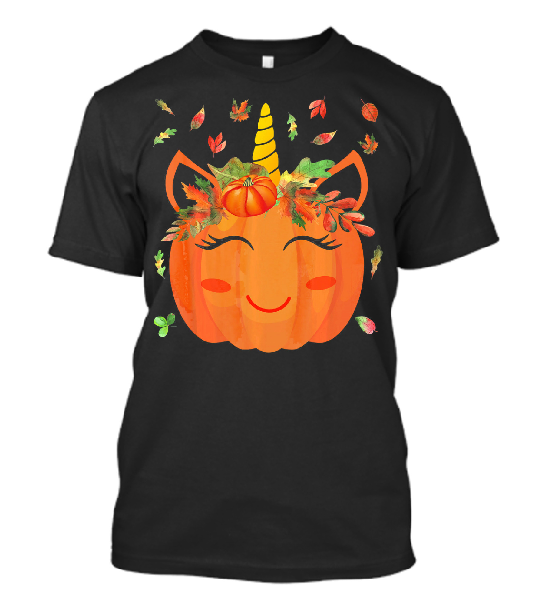 Cute Unicorn Pumpkin With Autumn Leaves And Horn T-Shirt