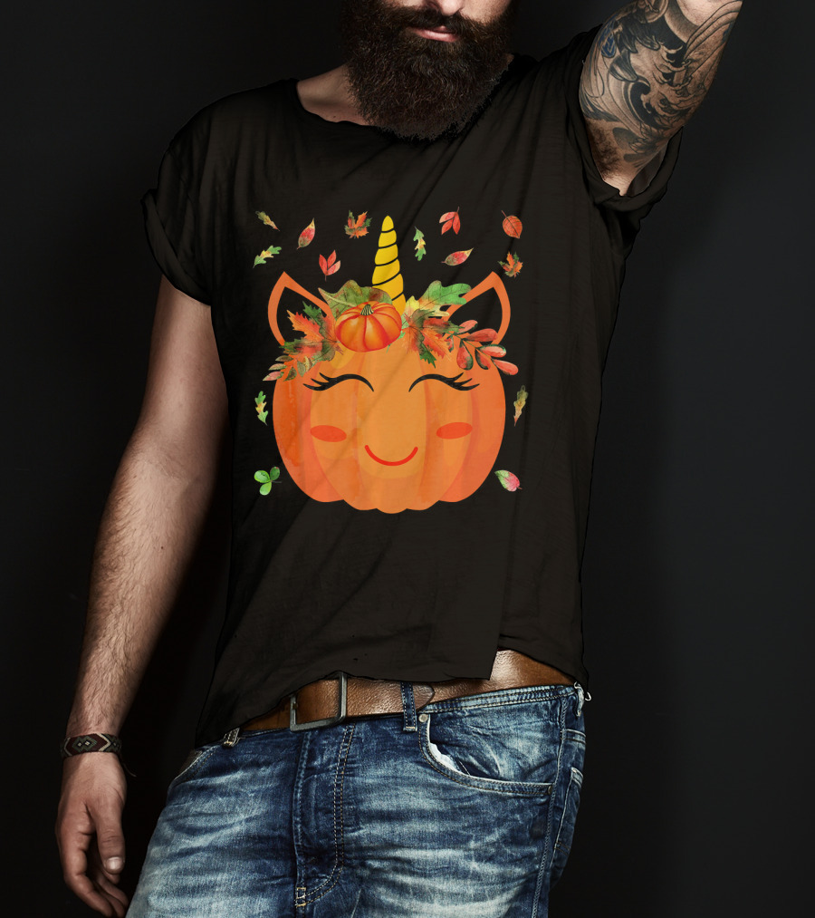Cute Unicorn Pumpkin With Autumn Leaves And Horn T-Shirt