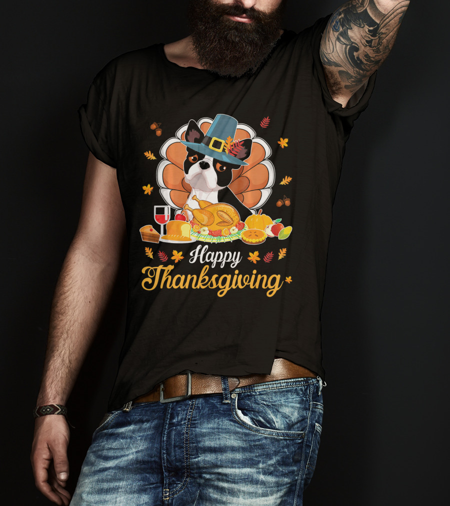 Happy Thanksgiving Boston Terrier Pilgrim With Turkey Feast T-Shirt
