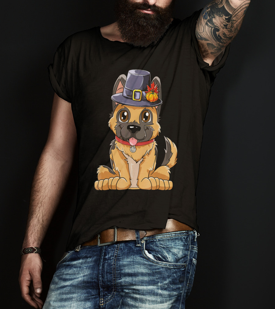Thanksgiving Kids German Shepherd Cartoon Dog With Pilgrim Hat And Pumpkin T-Shirt