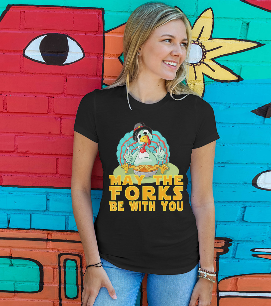 Cute Thanksgiving Turkey May The Forks Be With You Holiday T-Shirt