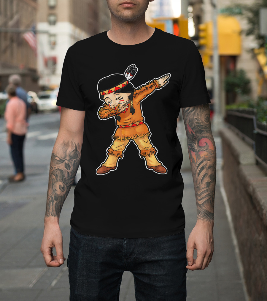Dabbing Native American Pilgrim in Traditional Attire T-Shirt