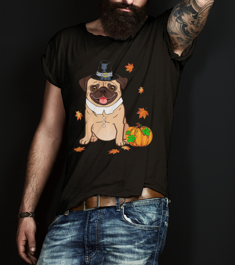 Thanksgiving Pug Pilgrim Hat Pumpkin Leaves T-Shirt