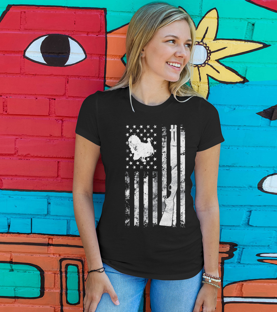 Turkey Hunting American Flag With Rifle And Stars T-Shirt
